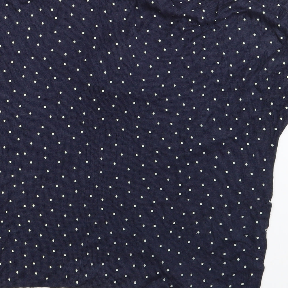 Brand and care label for Fashion Extra women’s blue polka dot pullover sweatshirt, size UK 14