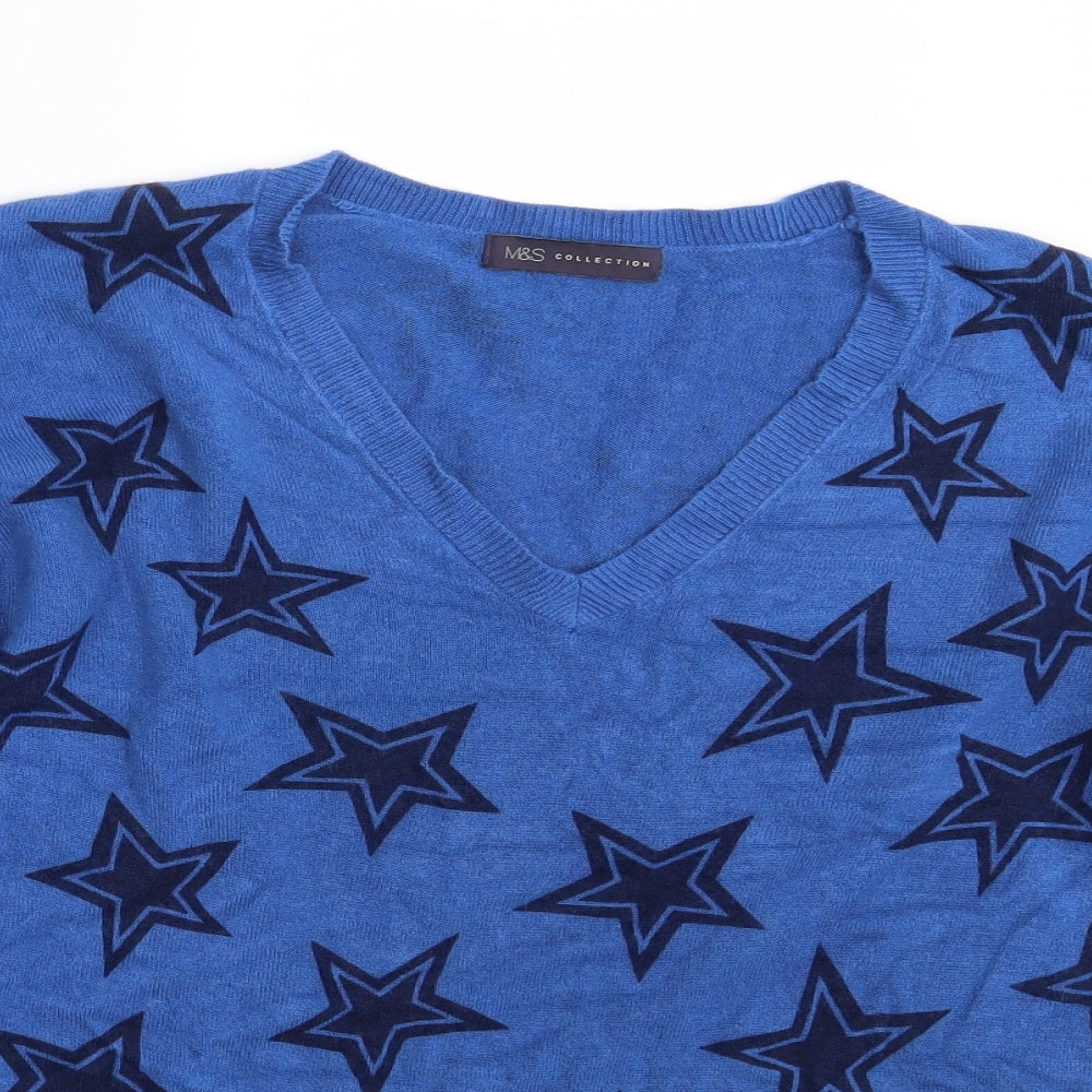 Close-up detail of Marks & Spencer women’s blue pullover sweatshirt, size UK 14