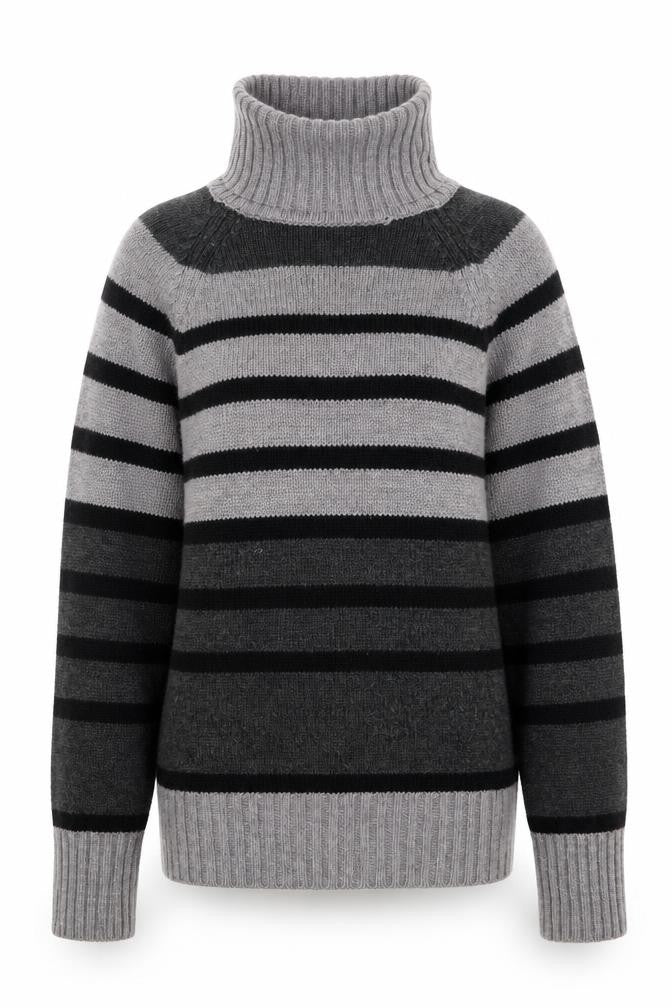 Front view of Dorothy Perkins women’s grey striped knit jumper, size UK 8