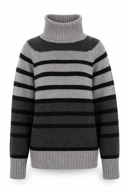 Front view of Dorothy Perkins women’s grey striped knit jumper, size UK 8