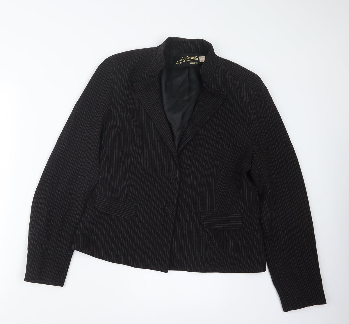Additional front view of Logion Roots women’s black striped jacket, size UK 16