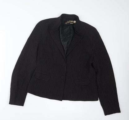 Additional front view of Logion Roots women’s black striped jacket, size UK 16
