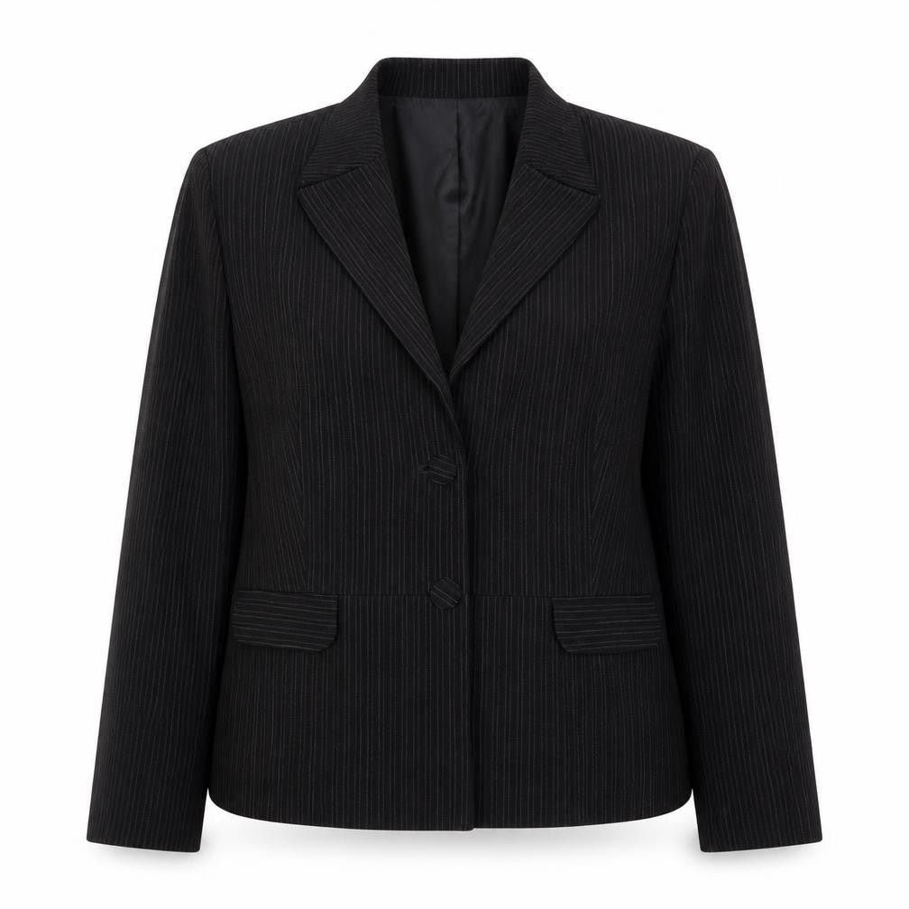 Front view of Logion Roots women’s black striped jacket, size UK 16