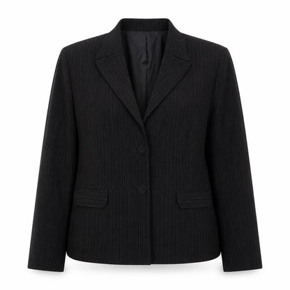 Front view of Logion Roots women’s black striped jacket, size UK 16