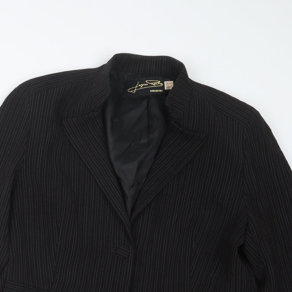 Close-up detail of Logion Roots women’s black striped jacket, size UK 16