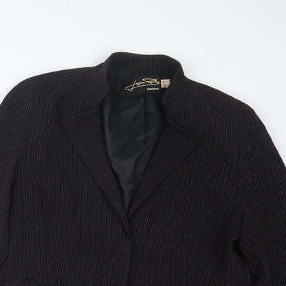 Close-up detail of Logion Roots women’s black striped jacket, size UK 16