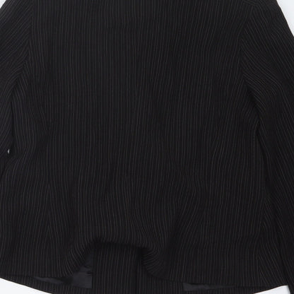 Brand and care label for Logion Roots women’s black striped jacket, size UK 16
