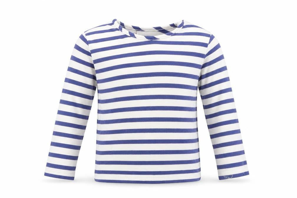 Front view of Bopster & Mimi boys’ blue striped jersey basic t-shirt, size 2, years