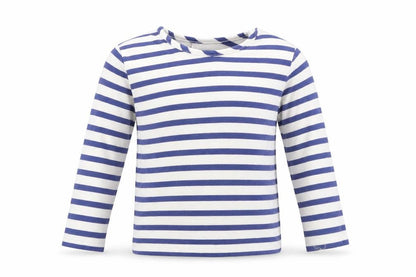 Front view of Bopster & Mimi boys’ blue striped jersey basic t-shirt, size 2, years