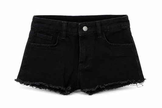 Front view of SHEIN girls’ black denim hot pants shorts, size 9, years
