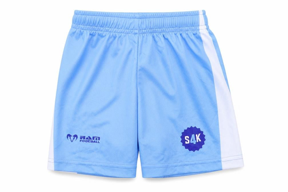 Front view of Ram Football boys’ blue jersey sweat shorts, size 3-4, years