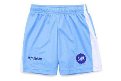 Front view of Ram Football boys’ blue jersey sweat shorts, size 3-4, years