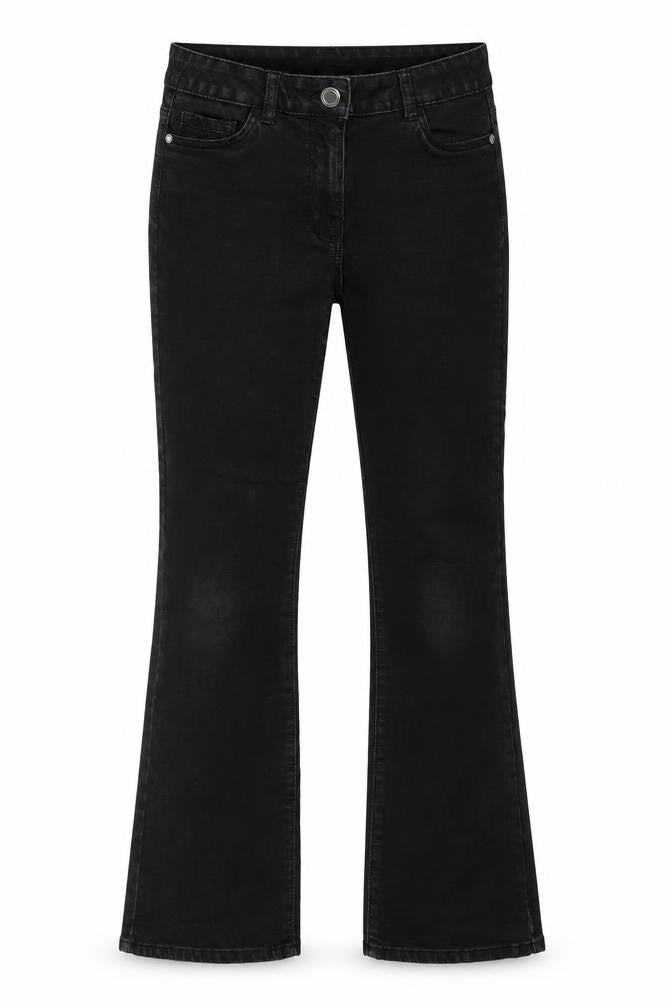 Front view of women’s black denim straight jeans, size UK 10, 28-inch leg