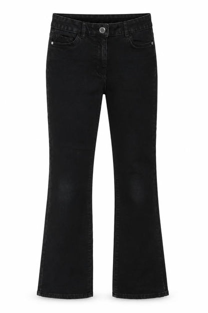 Front view of women’s black denim straight jeans, size UK 10, 28-inch leg