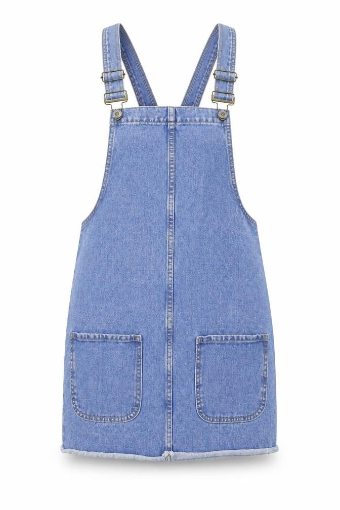 Front view of Denim & Co. women’s blue denim pinafore/dungaree dress, size UK 8