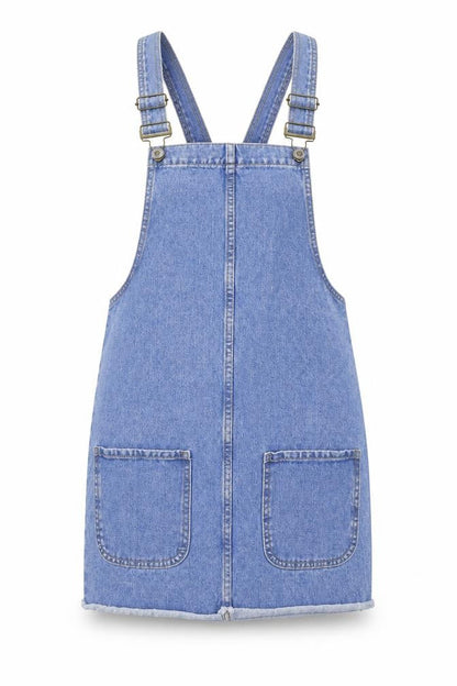 Front view of Denim & Co. women’s blue denim pinafore/dungaree dress, size UK 8