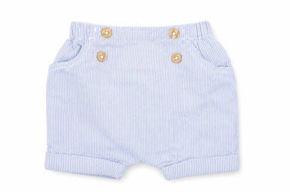 Front view of Tu boys’ blue striped cropped trousers, size 0-3, months