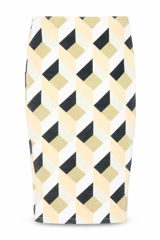 Front view of River Island women’s yellow geometric straight & pencil skirt, size UK 6
