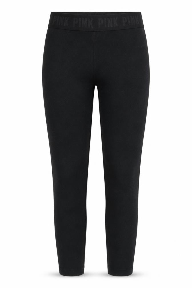 Front view of PINK women’s black capri leggings, size XS, 26-inch leg