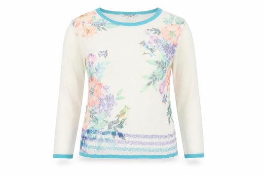 Front view of Mud & flowers women’s beige floral jumper, size S