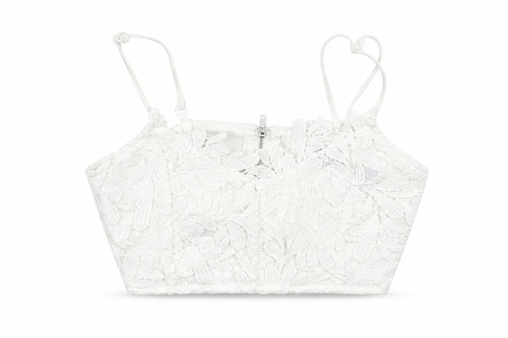 Front view of Missguided women’s white floral cropped tank, size UK 4