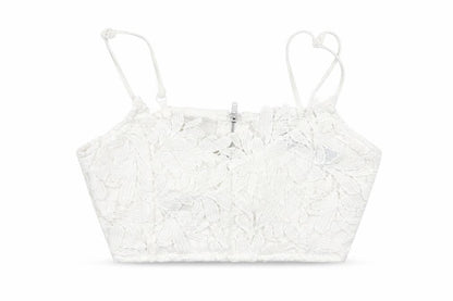Front view of Missguided women’s white floral cropped tank, size UK 4