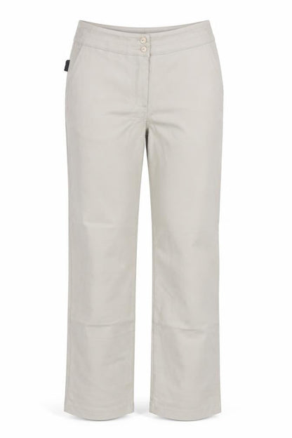 Front view of Moose Golf women’s beige chino trousers, size UK 29, 28-inch leg