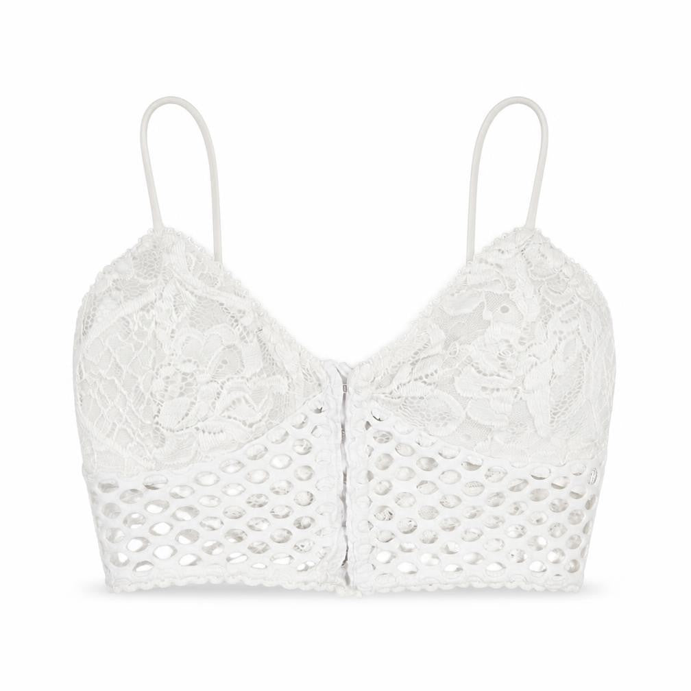Front view of PRETTYLITTLETHING women’s white floral cropped tank, size UK 4