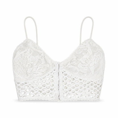 Front view of PRETTYLITTLETHING women’s white floral cropped tank, size UK 4