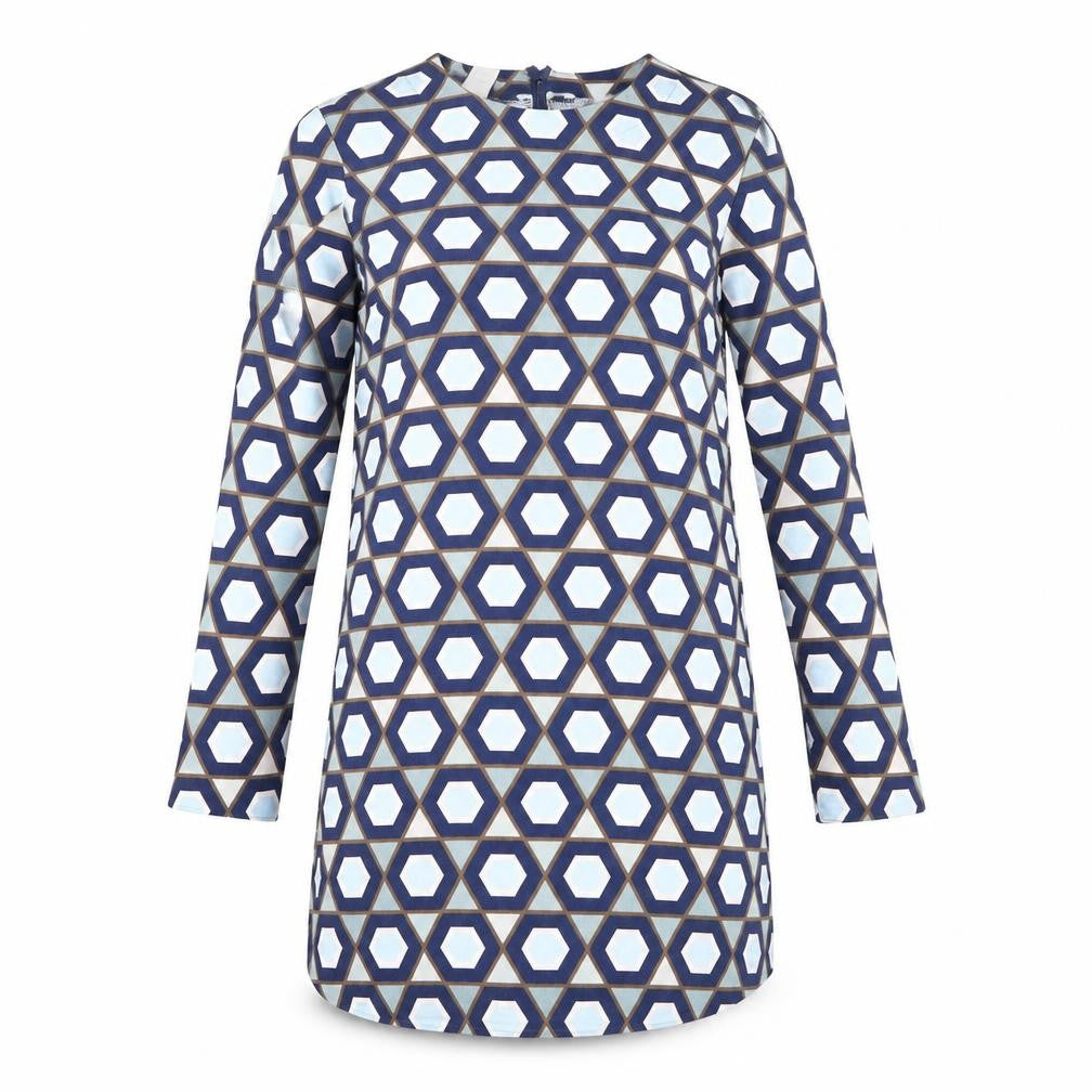 Front view of H&M women’s blue geometric t-shirt dress, size S