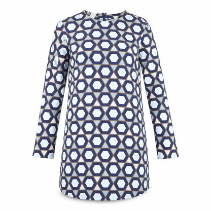 Front view of H&M women’s blue geometric t-shirt dress, size S