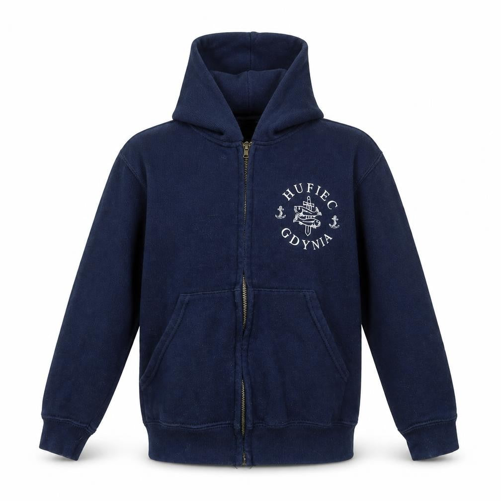 Front view of FRUIT THE LOOOM boys’ blue full zip jumper, size 5-6, years