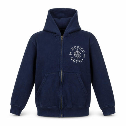 Front view of FRUIT THE LOOOM boys’ blue full zip jumper, size 5-6, years