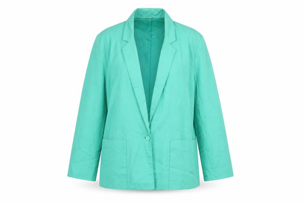 Front view of Preworn women’s green jacket suit jacket, size UK 14