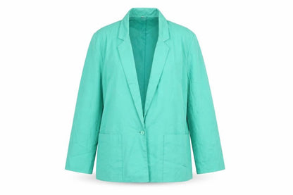Front view of Preworn women’s green jacket suit jacket, size UK 14