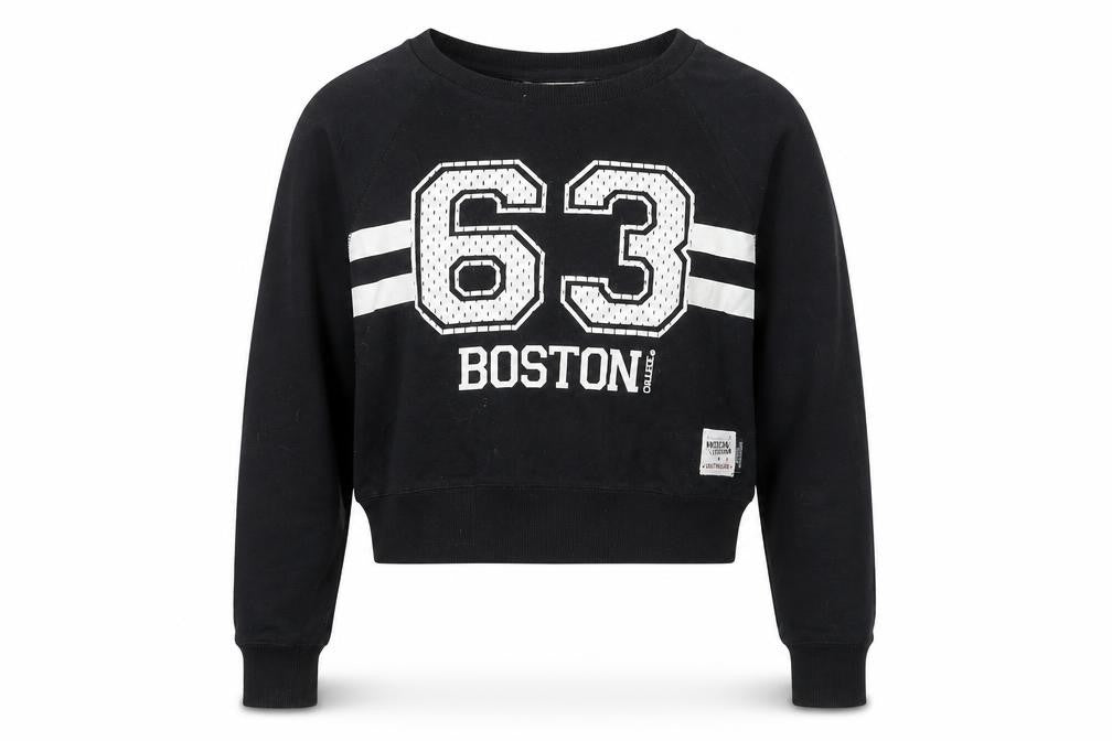Front view of American Freshman women’s black pullover sweatshirt, size UK 10
