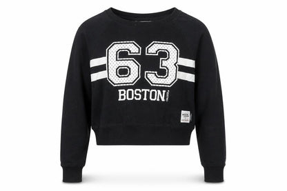 Front view of American Freshman women’s black pullover sweatshirt, size UK 10