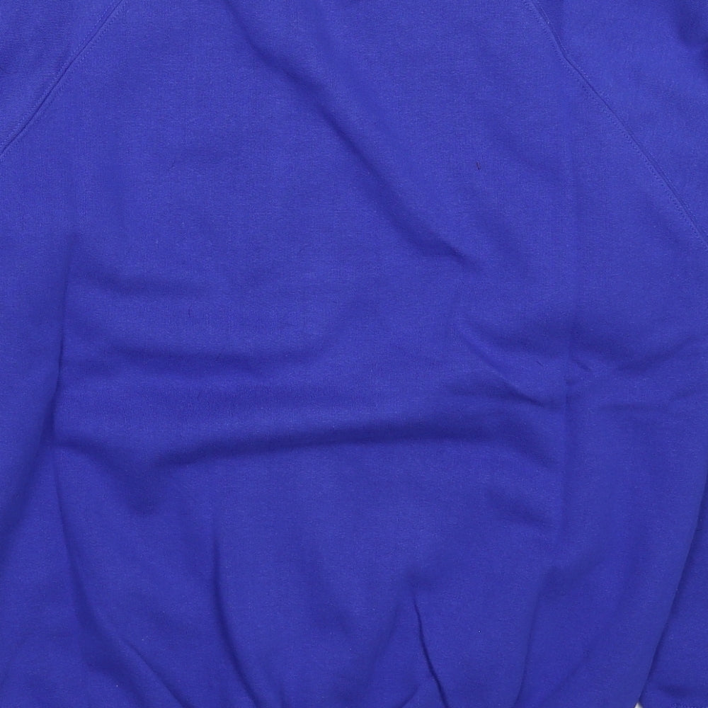 Brand and care label for Kustom Kit men’s blue pullover sweatshirt, size S