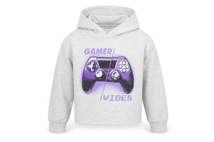 Front view of George girls’ grey pullover hoodie, size 7-8, years - gamer vibes