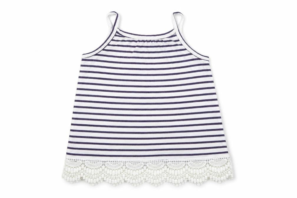 Front view of H&M girls’ blue striped basic t-shirt, size 9-10, years