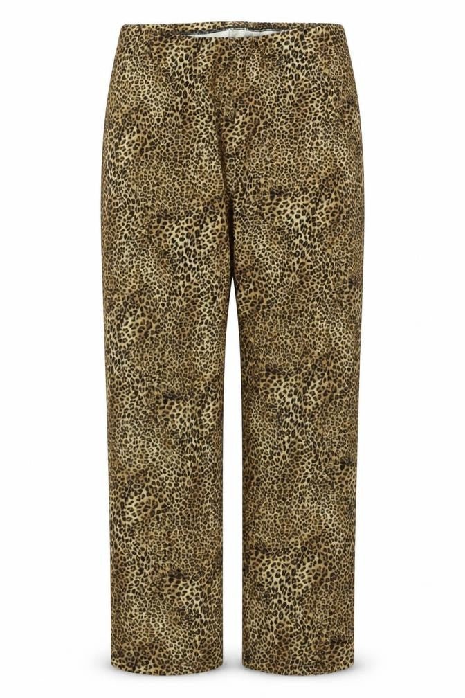 Front view of Preworn women’s beige animal print sweatpants, size UK 30, in, 27-inch leg