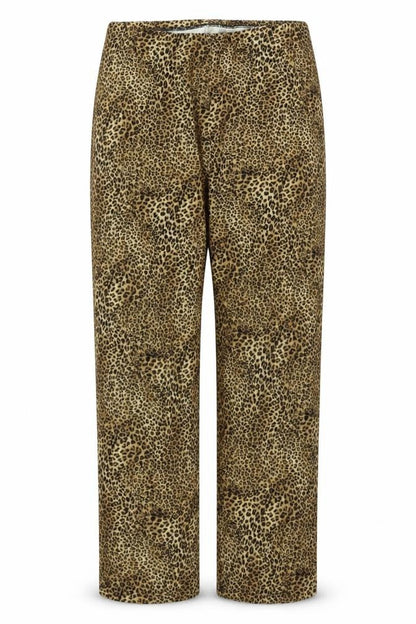 Front view of Preworn women’s beige animal print sweatpants, size UK 30, in, 27-inch leg
