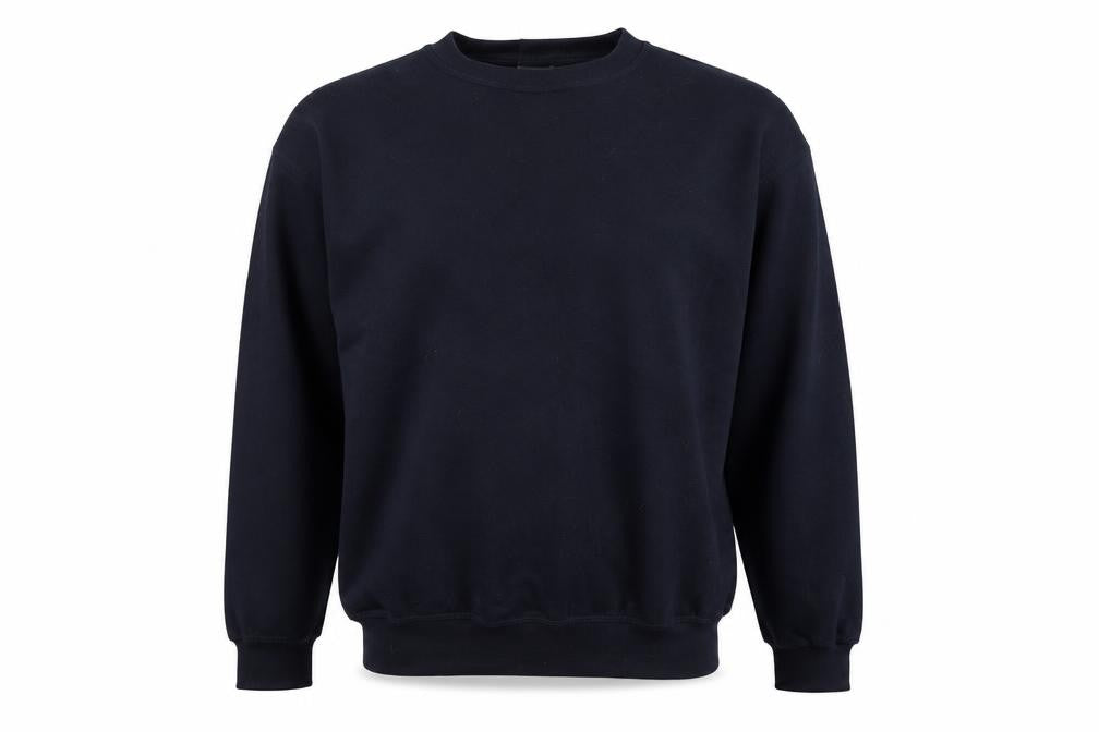 Front view of Ultimate Clothing Company men’s blue pullover sweatshirt, size L