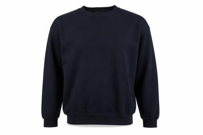 Front view of Ultimate Clothing Company men’s blue pullover sweatshirt, size L