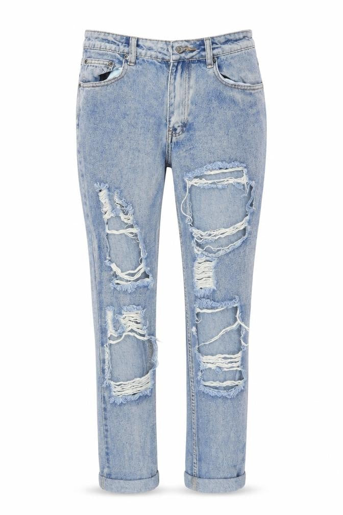Front view of Boohoo women’s blue straight jeans, size UK 10, 26-inch leg