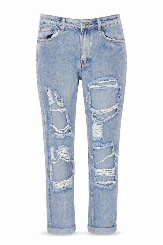 Front view of Boohoo women’s blue straight jeans, size UK 10, 26-inch leg