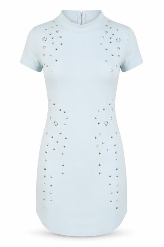 Front view of voyelles women’s blue bodycon, size M