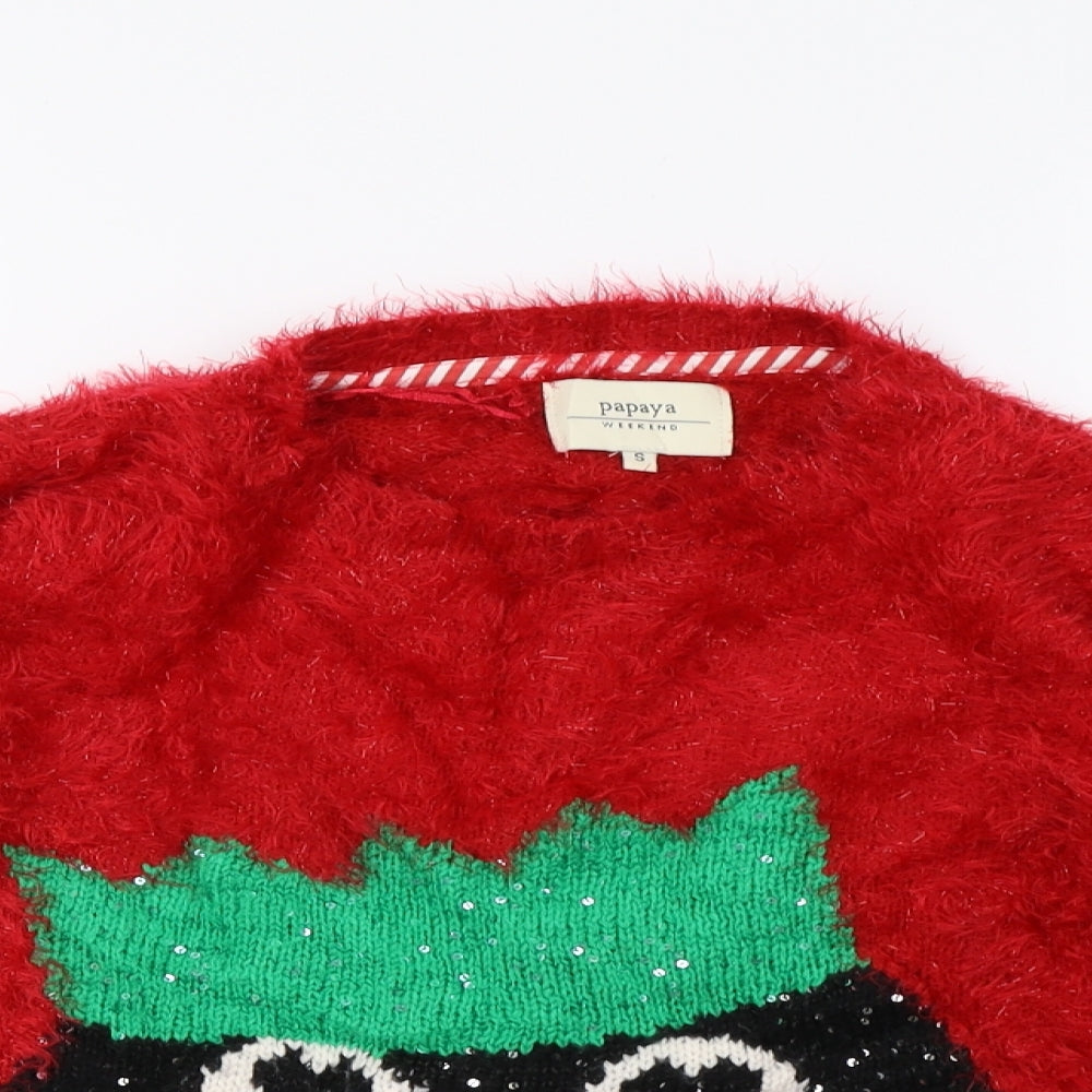 Close-up detail of Matalan women’s red pullover sweatshirt, size S, - christmas