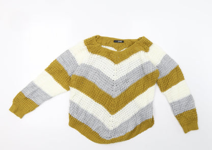 Additional front view of quix women’s yellow striped pullover sweatshirt, size M