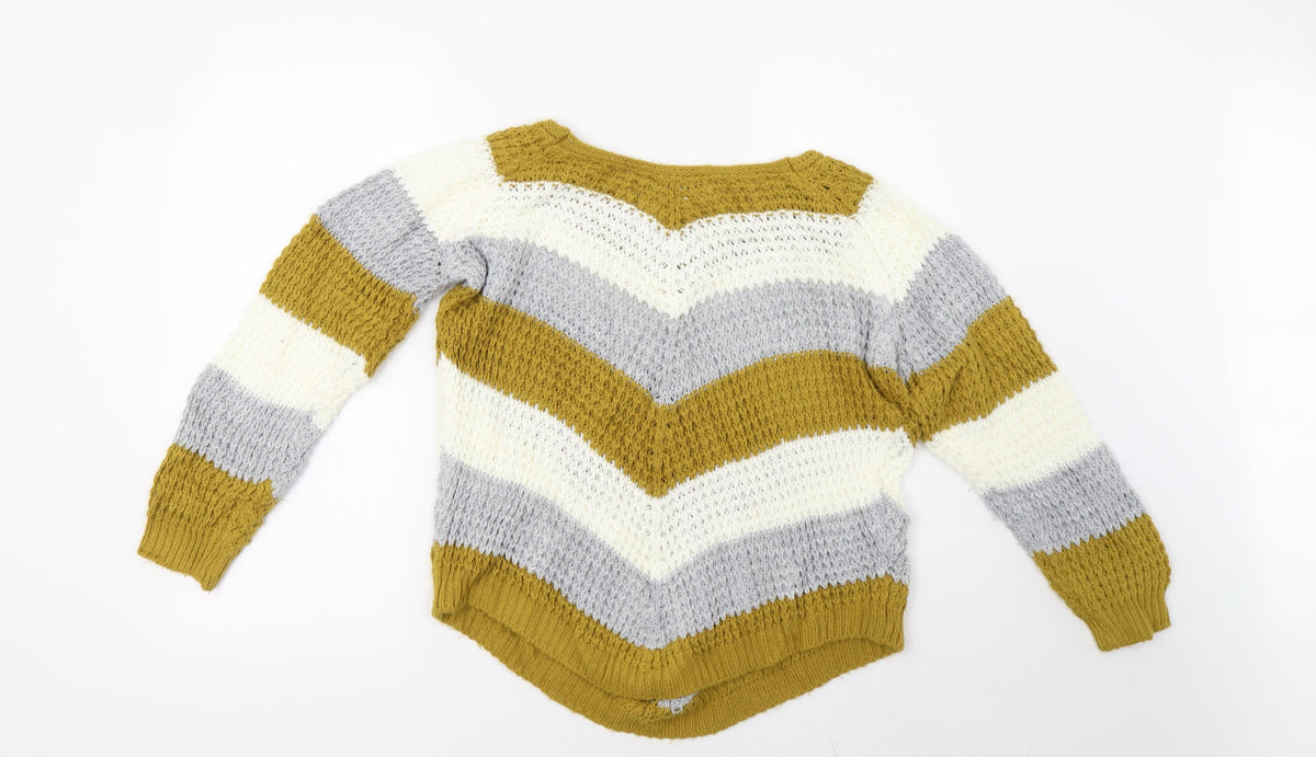 Back view of quix women’s yellow striped pullover sweatshirt, size M